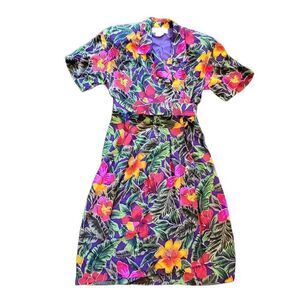 Vintage 1980s Dress Women's Large Multicolor Silk Belted Wrap Tropical Floral